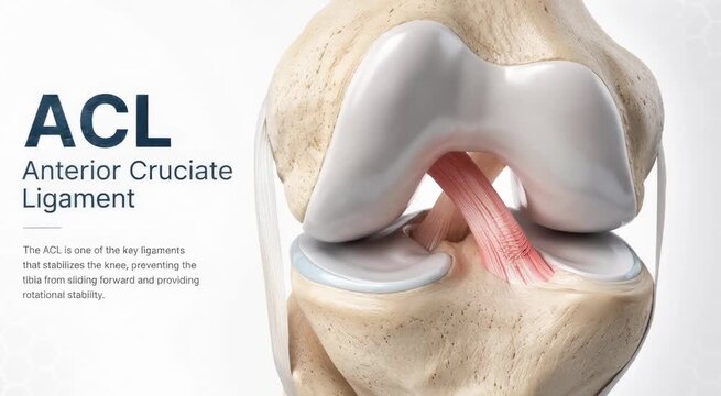 Medical 3D illustration of a human knee highlighting the ACL ligament, surrounding bones and cartilage for anatomy, injury and surgical education