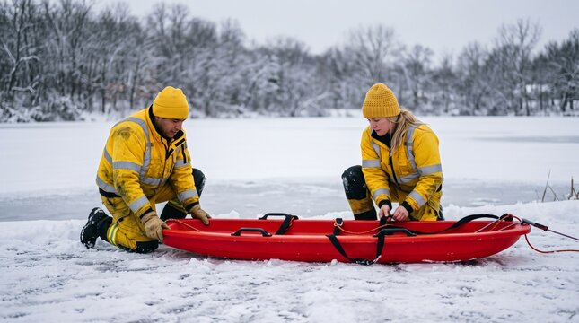 Responders position rescue sled at the ice edge