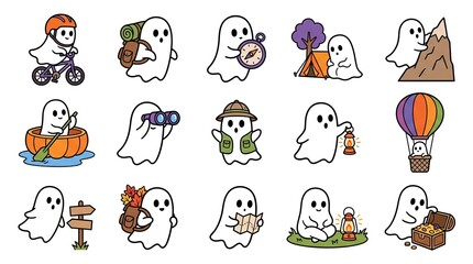 Obraz premium Collection of cute ghost characters doing various autumn and halloween activities
