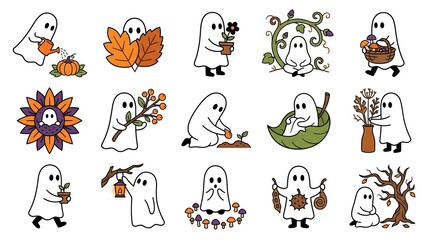 Fototapeta premium Collection of whimsical ghost illustrations with autumnal leaves and floral arrangements