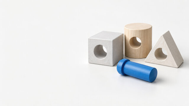 Geometric blocks with circular holes surround a blue peg. Space for text.