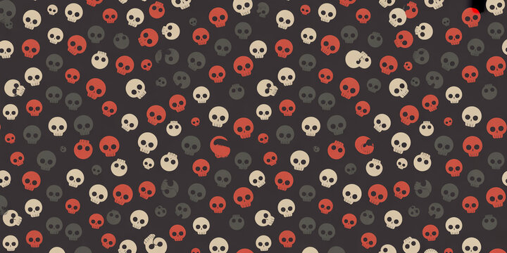 Seamless pattern with stylized human skulls in red, white, and grey on dark background