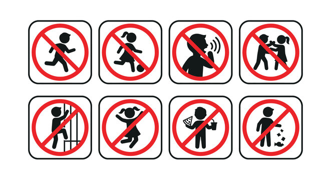 Prohibited activity icons depicting children with red circle and slash