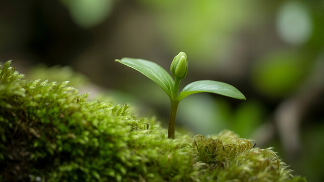 Small green sprout growing from a mossy log in the forest floor plant