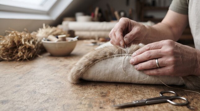 Hand stitching a fur bound Perchta linen panel