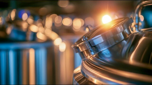 Stainless steel fermentation vessels inside a modern brewery facility illuminated by warm light, representing beer production, brewing technology and beverage manufacturing