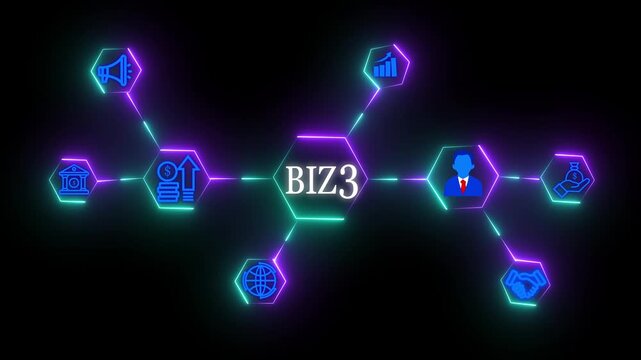 Business process management BIZ Business Taxation and Financial Management Concept with Neon Icons, Accounting, Growth, Digital Network Connection with Glowing Neon black background animation.
