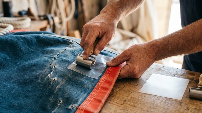 Hands seal a worn sailcloth panel with reinforcement