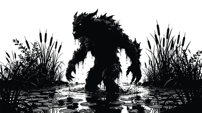 Sinister swamp monster standing in water with sharp horns and claws in black white illustration