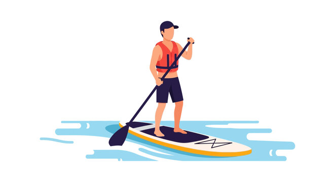Man paddleboarding on water a flat vector illustration with a white background