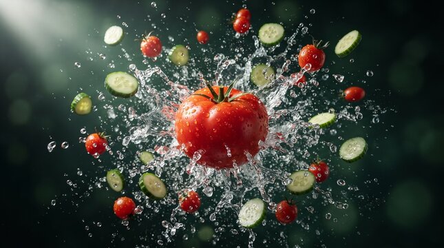 Fresh tomato and cucumber slices exploding in water for healthy food and beverage branding