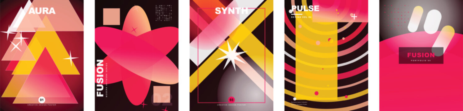 Vibrant magenta and yellow poster templates set. Vector modern cover layouts with geometric triangles, star bursts, capsule bars, layered shapes and mesh lines for creative design portfolios.