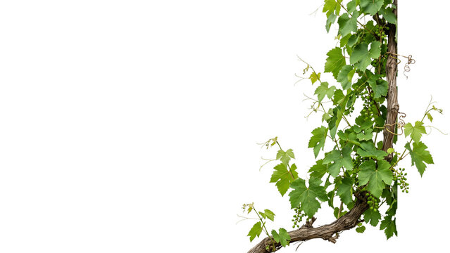 A vibrant green grapevine branch with leaves and small tendrils is captured against a stark transparent background, showing natural growth and texture.