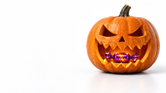 Wrapped candy rests inside the mouth of a carved pumpkin. Space for text.