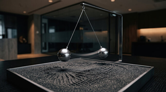 Metal pendulum swinging over black magnetic sand in dark modern office desk