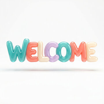 Welcome 3D text JPG illustration featuring pastel colored glossy typography with rounded balloon letters on a clean white background.   