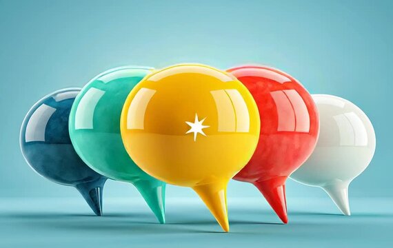 3D colorful speech bubbles on blue background representing teamwork discussion and customer feedback for social media and communication concept.	
