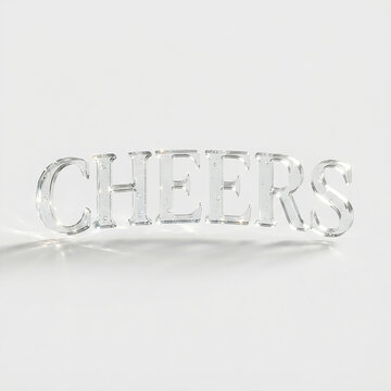 Cheers clear acrylic text JPG photo featuring transparent lettering casting shadows on a clean white surface for celebration and party design concepts.   