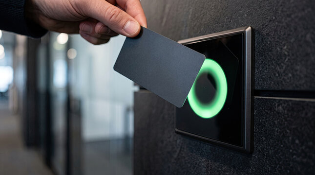 Hand tapping black RFID key card on smart access reader with green ring