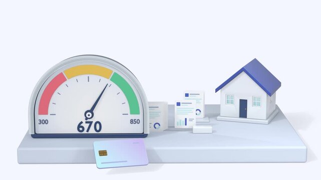 3D credit score gauge rising from 620 to 715 beside a house and credit card, animation