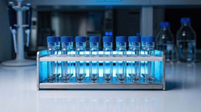 Laboratory test tubes with blue caps in metal rack glowing under blue light