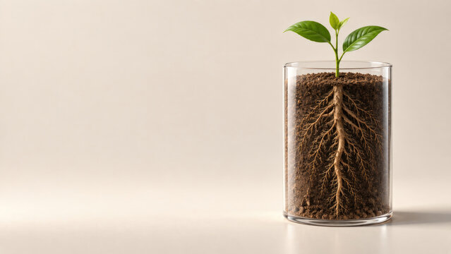 Young plant with visible roots inside transparent glass. Space for text.