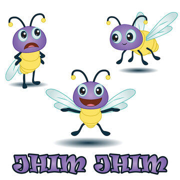 Cute Firefly Cartoon Characters Set with Different Expressions and Flying Poses