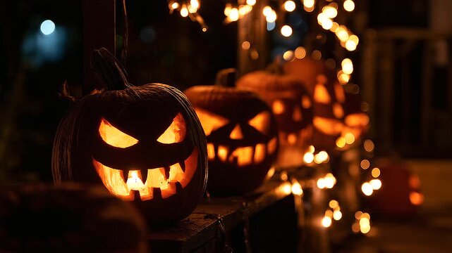 Several illuminated carved pumpkins with sinister smiling faces, warm candlelight shining through jagged eyes and mouths, spooky Halloween decoration and dark festive atmosphere