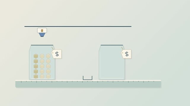 Two packages with the same price tag filled with different amounts, shrinkflation animation