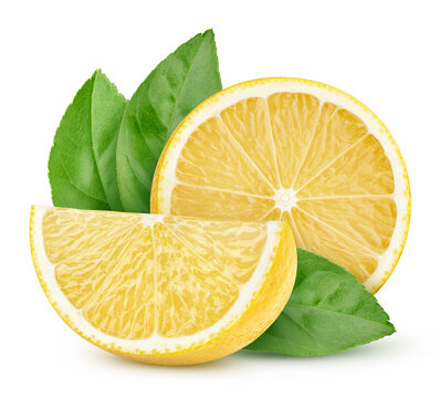 Organic single lemon fruit with leaf close up. Taste lemon with leaf isolated on white background with clipping path. Professional food photography