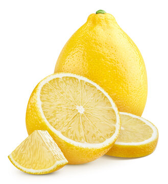 Lemon whole, half, slice and details isolated on white background. Ripe organic lemon set with clipping path. As design element. Full depth of field