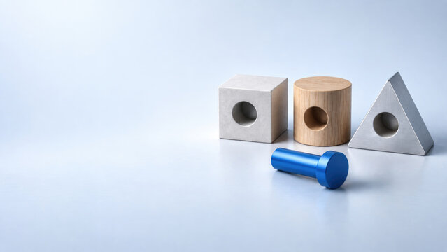 Geometric blocks with circular holes and blue peg. Space for text.