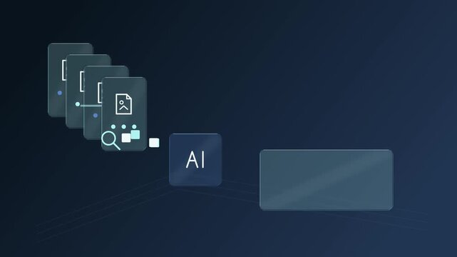 AI retrieving answers from a stack of documents into a results panel, knowledge retrieval animation