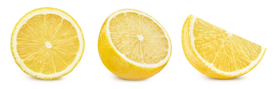 Organic lemon slices and pieces collection set isolated on white background close up. Fresh cut sour citrus with clipping path. Professional food photography