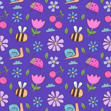 seamless pattern with ladybug, bee, flower, snail, decor elements. summer colorful illustration for kids, flat style. Baby design for fabric, textile, print, wrapper.
