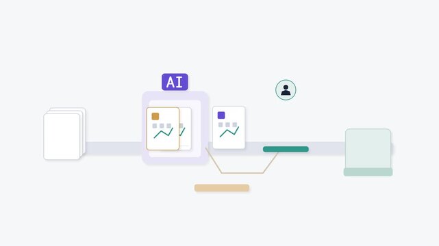AI processing invoices with human review and approval, document automation animation