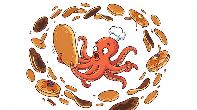 Octopus chef cooking pancakes isolated on transparent background cutout cartoon illustration