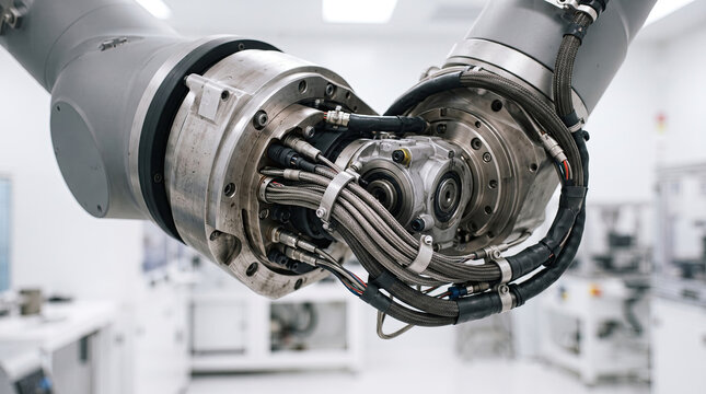 Close up of industrial robotic arm joint with braided cables and motor
