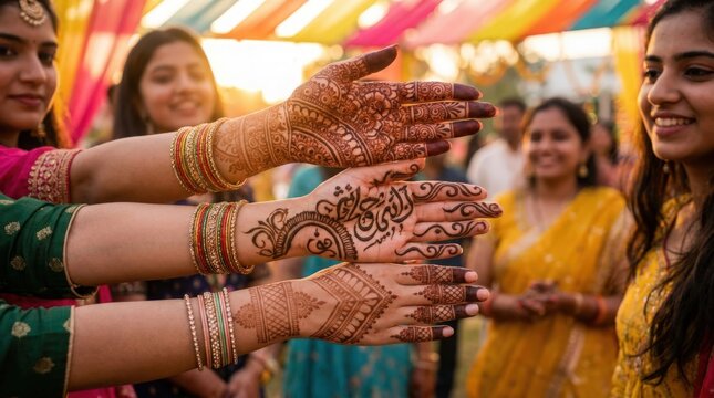 Three smiling indian women with henna tattoos and colorful bangles on arms.