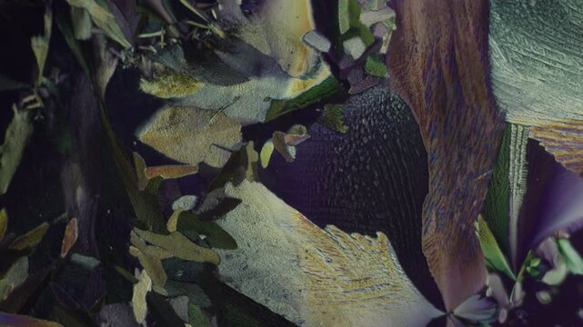 Polarized light microscopy video animation of chemical crystals showing organic wood bark textures and deep purple plumose structures under cross polarization optical microscope