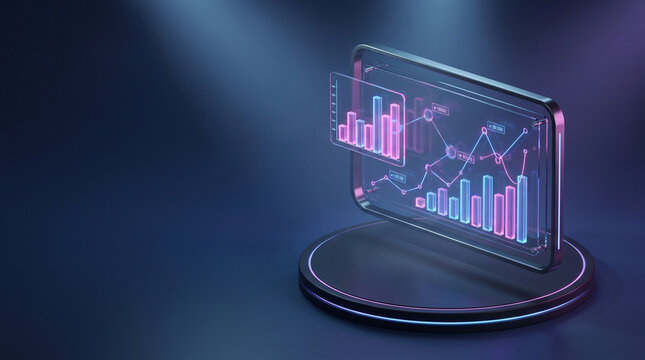 3D isometric sleek financial dashboard with glowing neon charts on dark blue background