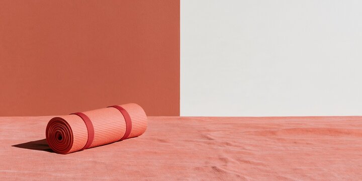 Rolled terracotta yoga mat resting on a textured fabric surface with a matching wall, featuring an empty copy space for a wellness festival mockup