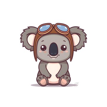 Minimalist vector illustration of a cute little baby koala wearing an aviator hat with goggles, isolated on white background