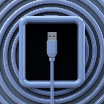 A single blue usb cable connector centered inside a square frame with concentric circular rings in the background, digital technology concept