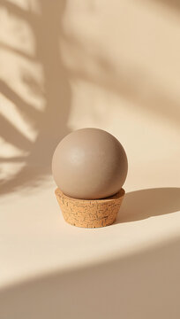 A smooth beige sphere resting on a small conical cork stand placed on a light beige surface with soft shadows from foliage cast on the wall