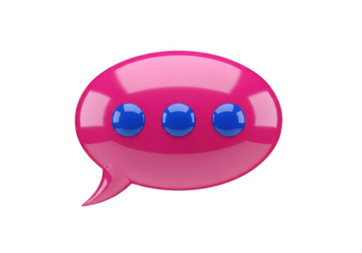 Glossy pink 3D speech bubble with blue dots, vibrant chat icon for social media communication, plastic message bubble isolated on white background