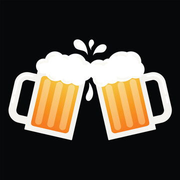 Two beer mugs clinking together with foam and splashes isolated on a black background