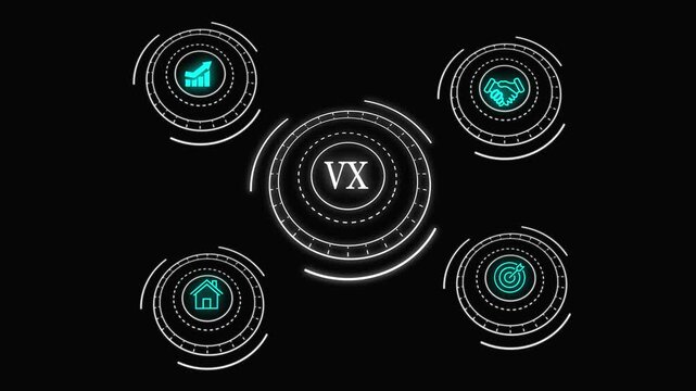 VX Business Communication Network with Finance, Business Strategy Growth Partnership Target and Real Estate Neon Icon Animation