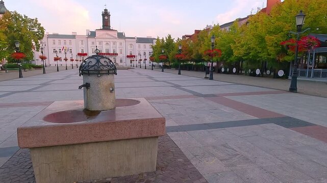 Beautiful morning cityscape of Plock town, Masovian Voivodeship. Wonderful summer sunrise on Market Square with Town Hall on background, Poland, Europe. 4K video (Ultra High Definition).