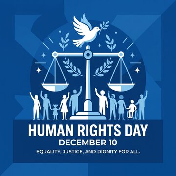 Human rights day symbol balance scale blue background equality justice advocacy graphic.
